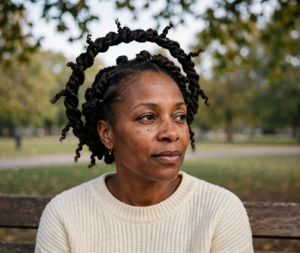 Black woman with a twisted halo updo on a park bench