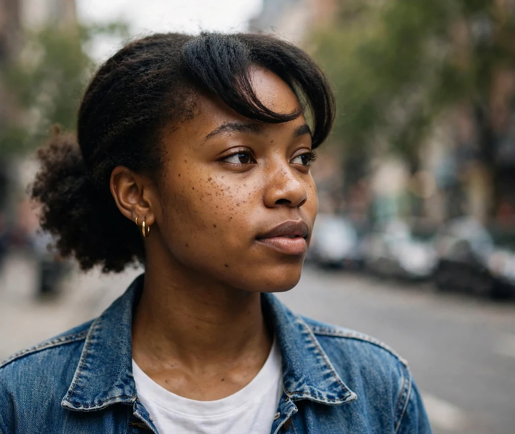 Black woman with a low puff and swoop bang on a city street
