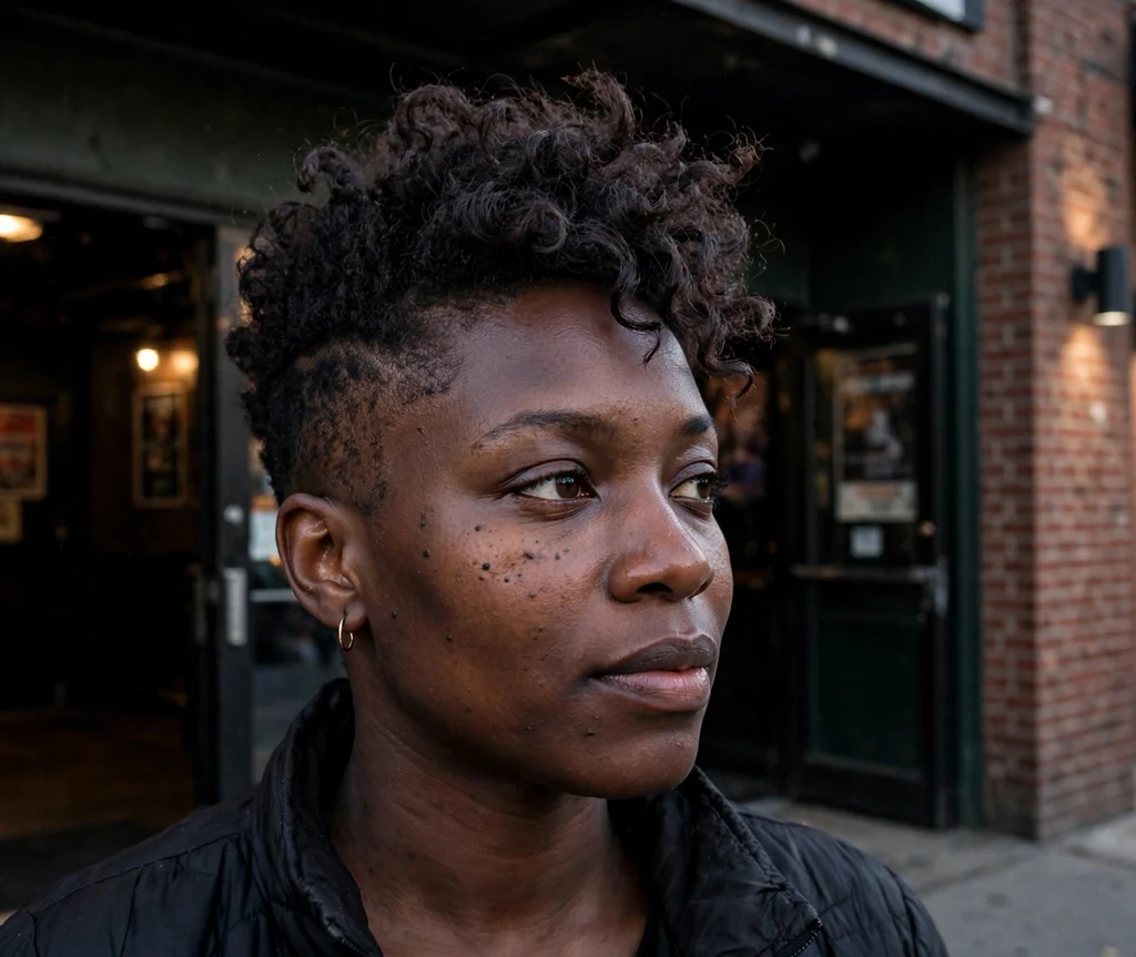 Black woman with a curly faux hawk updo at a music venue entrance