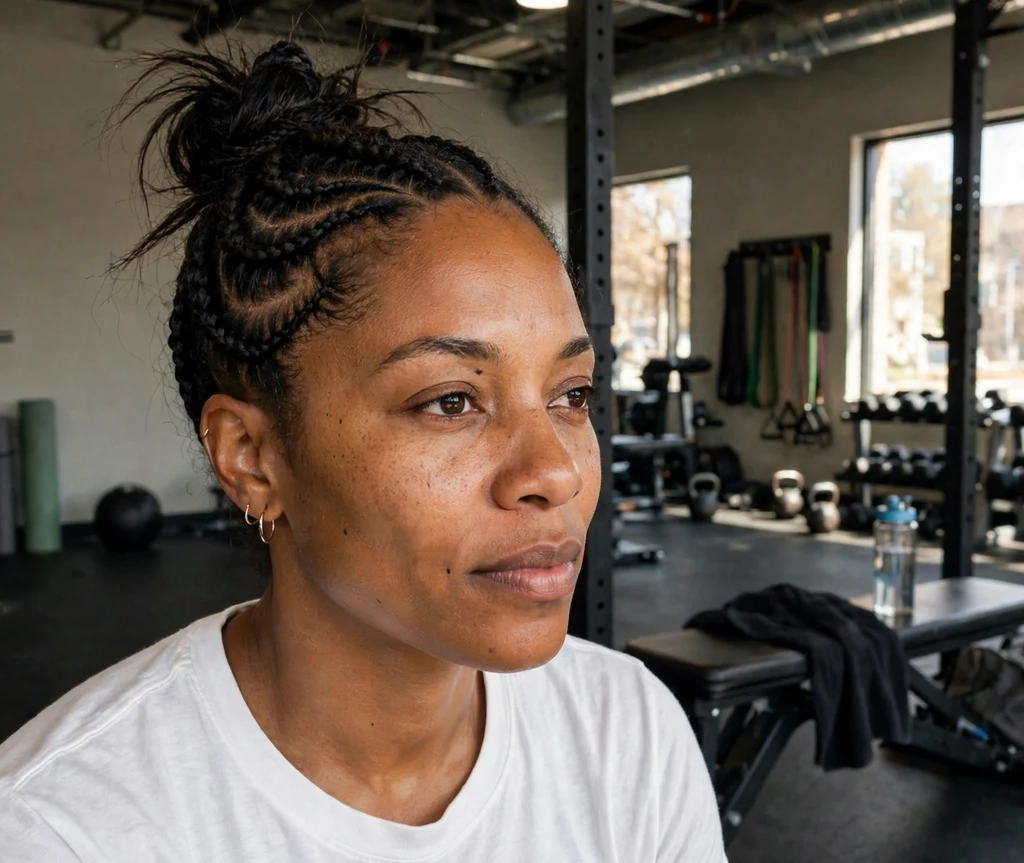 Black woman with a cornrow top bun at the gym