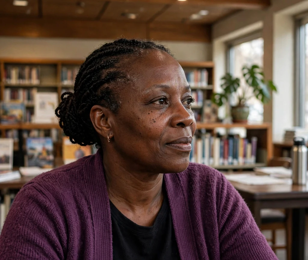 Black woman with a flat-twist low bun in a library