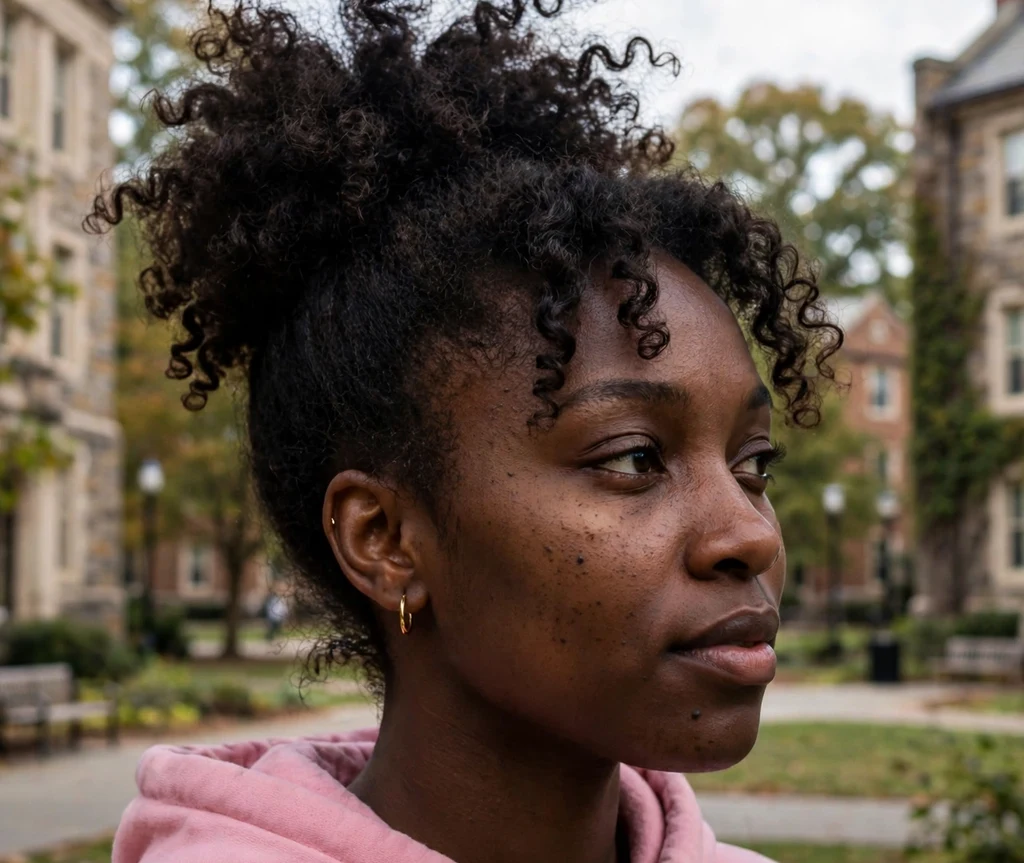 Black woman with a high curly puff on a college campus