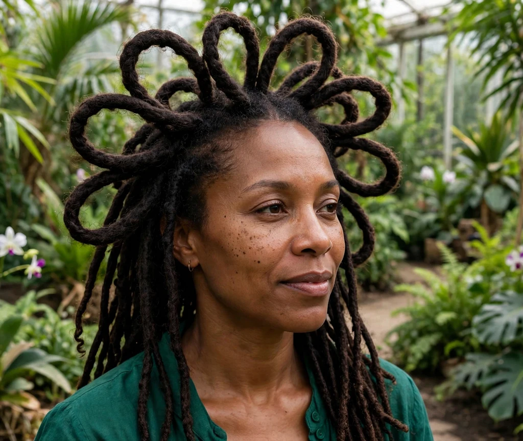 Black woman with a loc petal updo in a botanical garden