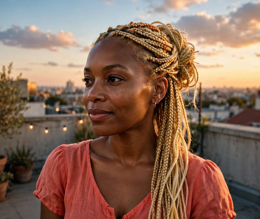 Black woman with a side-swept braided updo on a rooftop at sunset