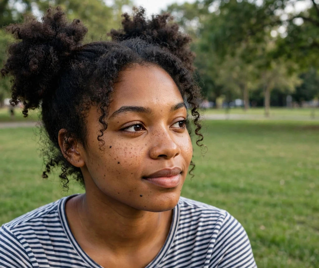 Black woman with double bun space buns on a park lawn