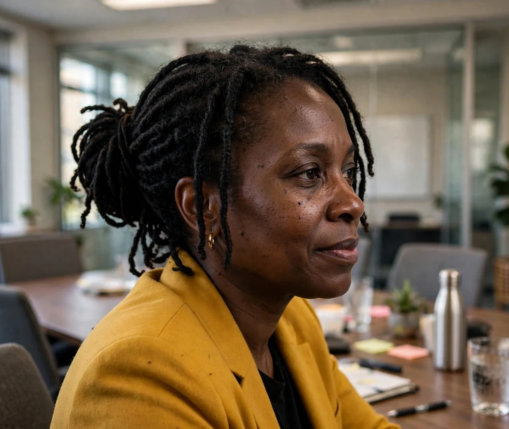 Black woman with a wrapped loc bun in an office conference room