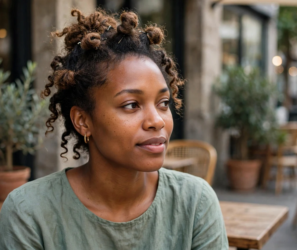 Black woman with a pinned twist-out updo on a cafe patio