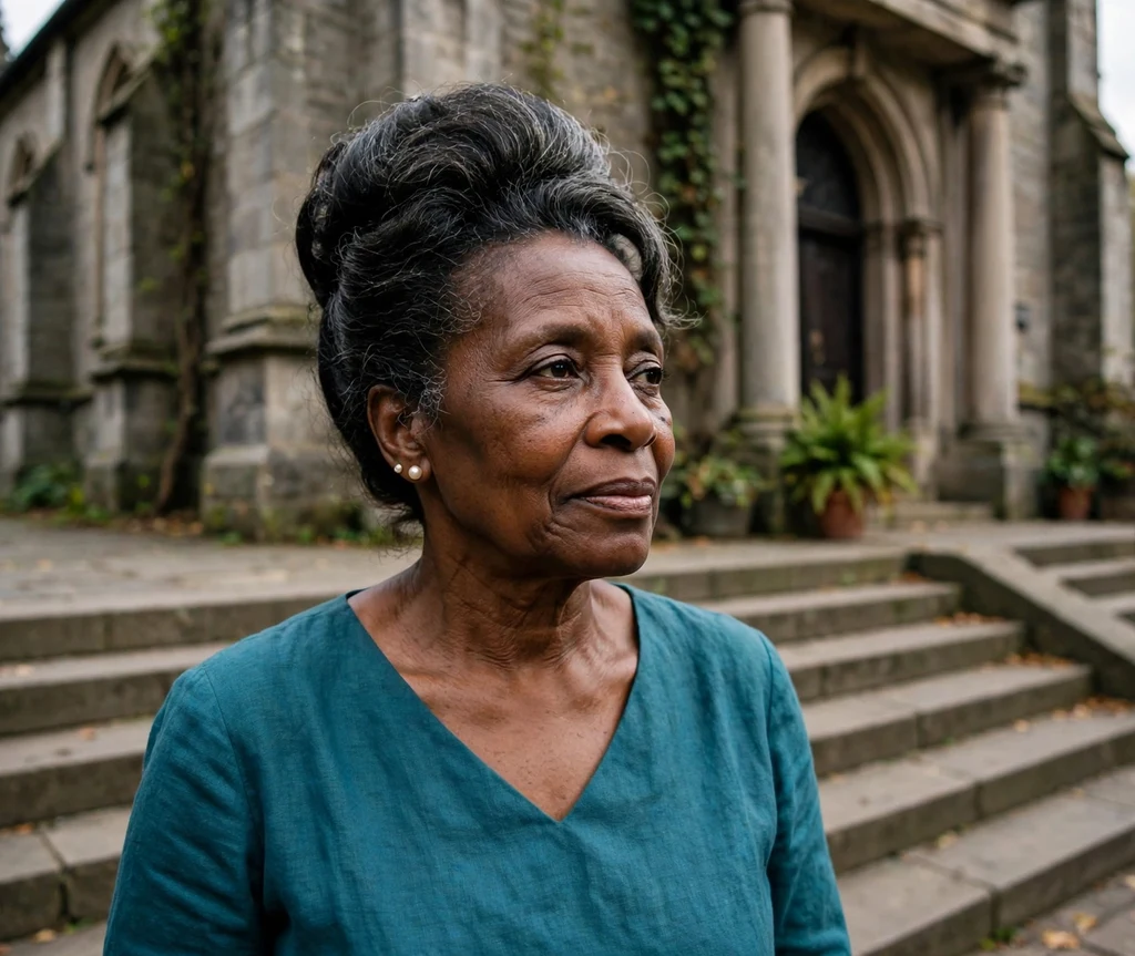 Black woman with a vintage beehive updo on church steps