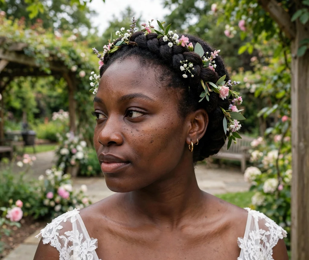 Black woman with a wedding halo braid in a wedding venue garden