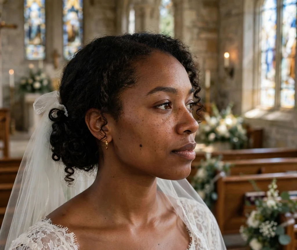 Black woman with a curly bridal chignon in a chapel