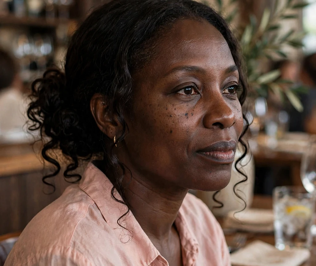 Black woman with a side bun updo at a dinner restaurant