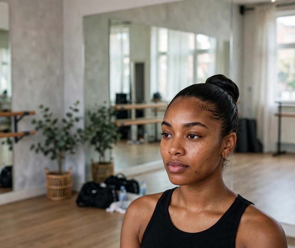 Black woman with a slicked ballerina bun in a dance studio