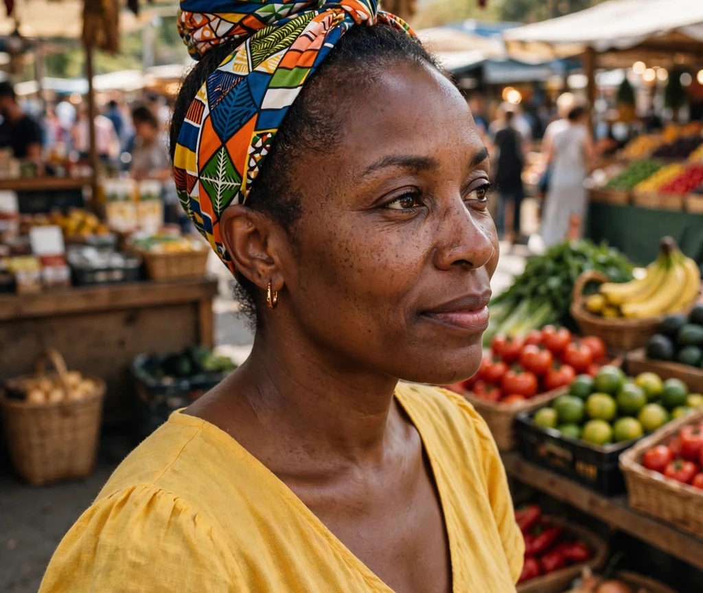 Black woman with a scarf-wrapped top knot at an outdoor market