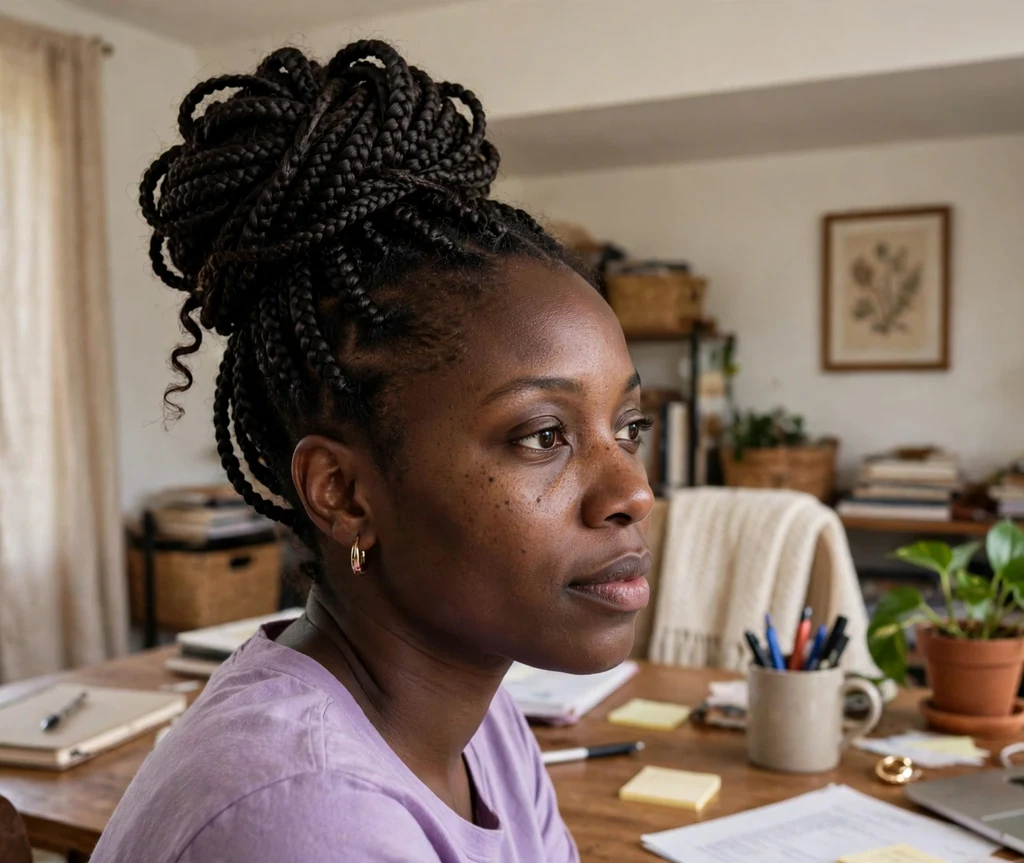 Black woman with a knotless braid bun at a home office desk