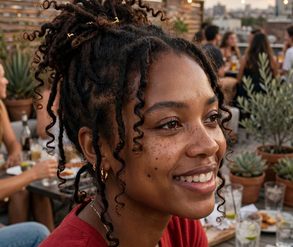 Black woman with a faux loc updo with curls at a rooftop party