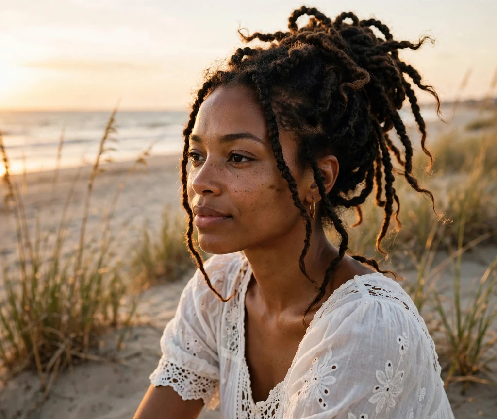 Black woman with a boho rope-twist updo at the beach