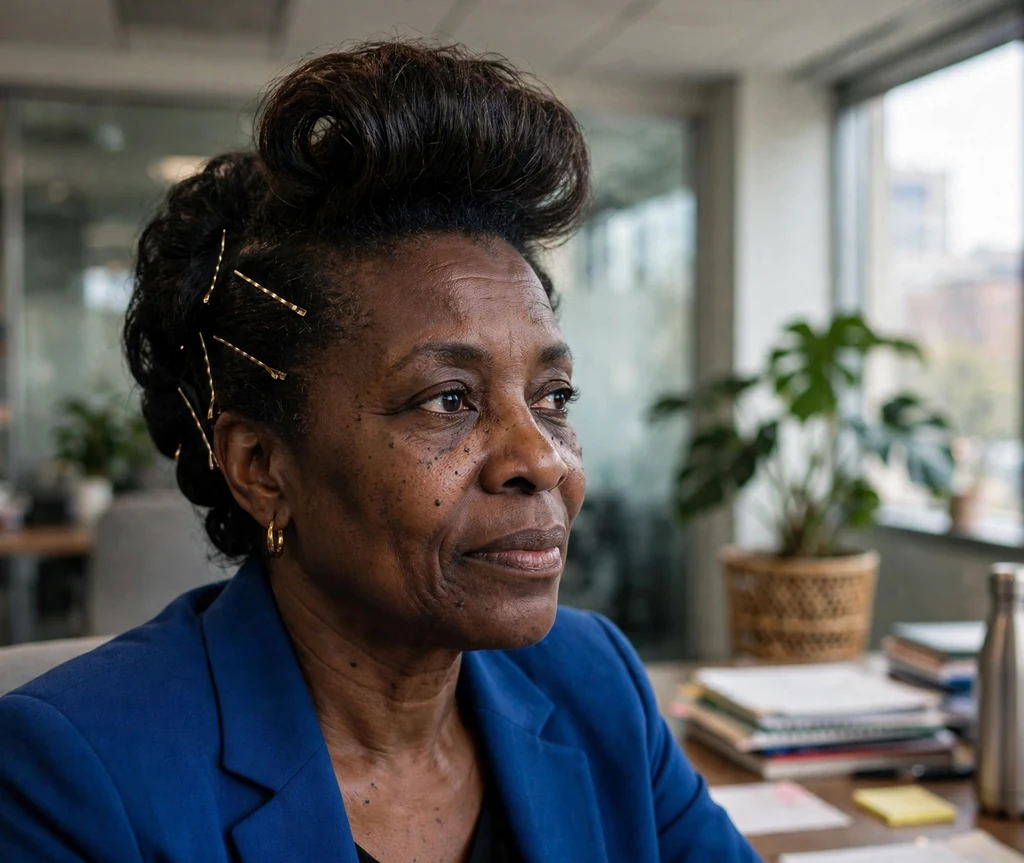 Black woman with a pompadour updo in a corporate office