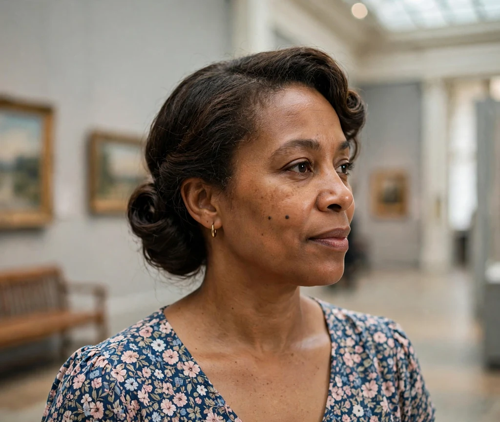 Black woman with a Gibson tuck updo in a museum gallery