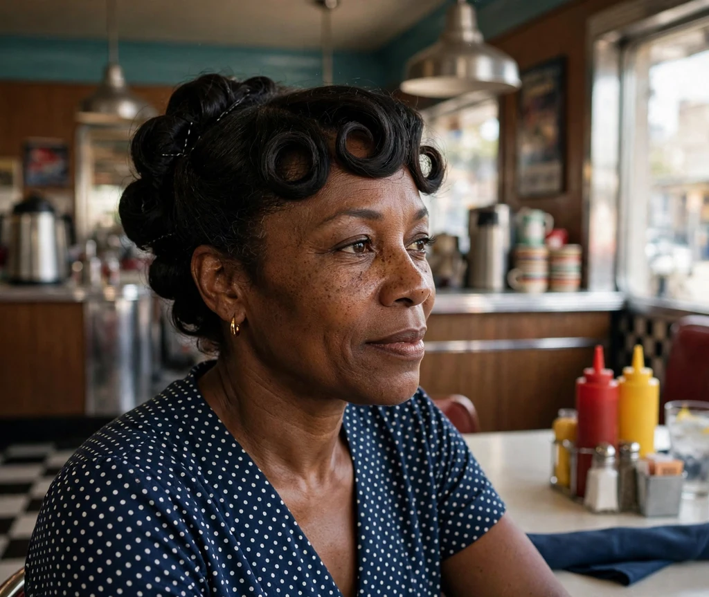 Black woman with rolled bangs updo in a retro diner