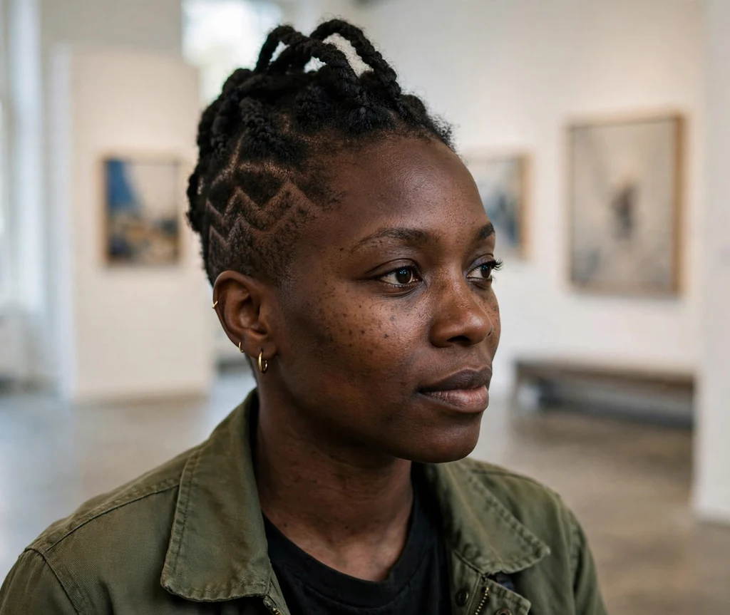 Black woman with a braided mohawk updo in an art gallery