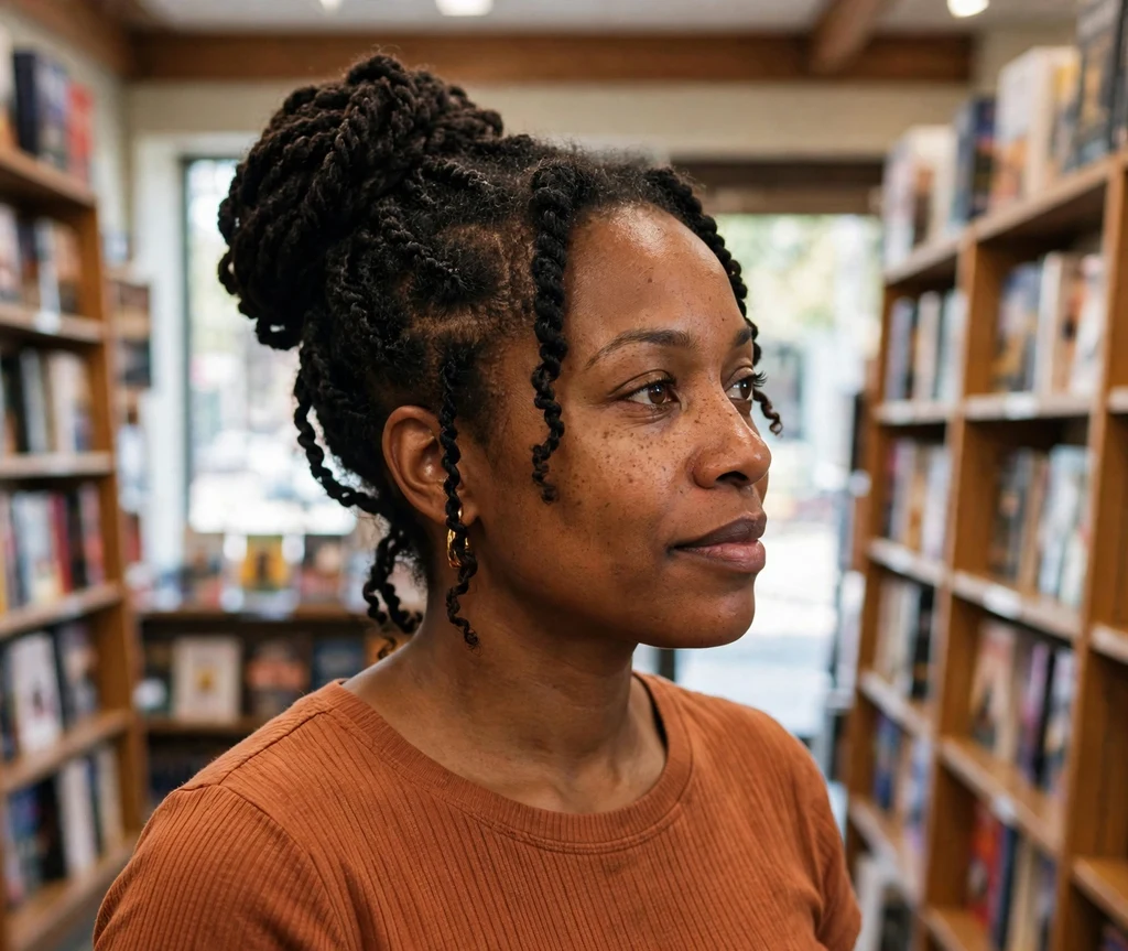 Black woman with a Marley twist bun in a bookstore aisle