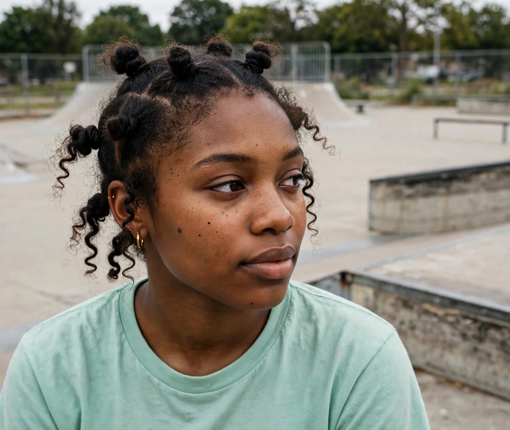 Black woman with Bantu knots with curly ends at a skate park