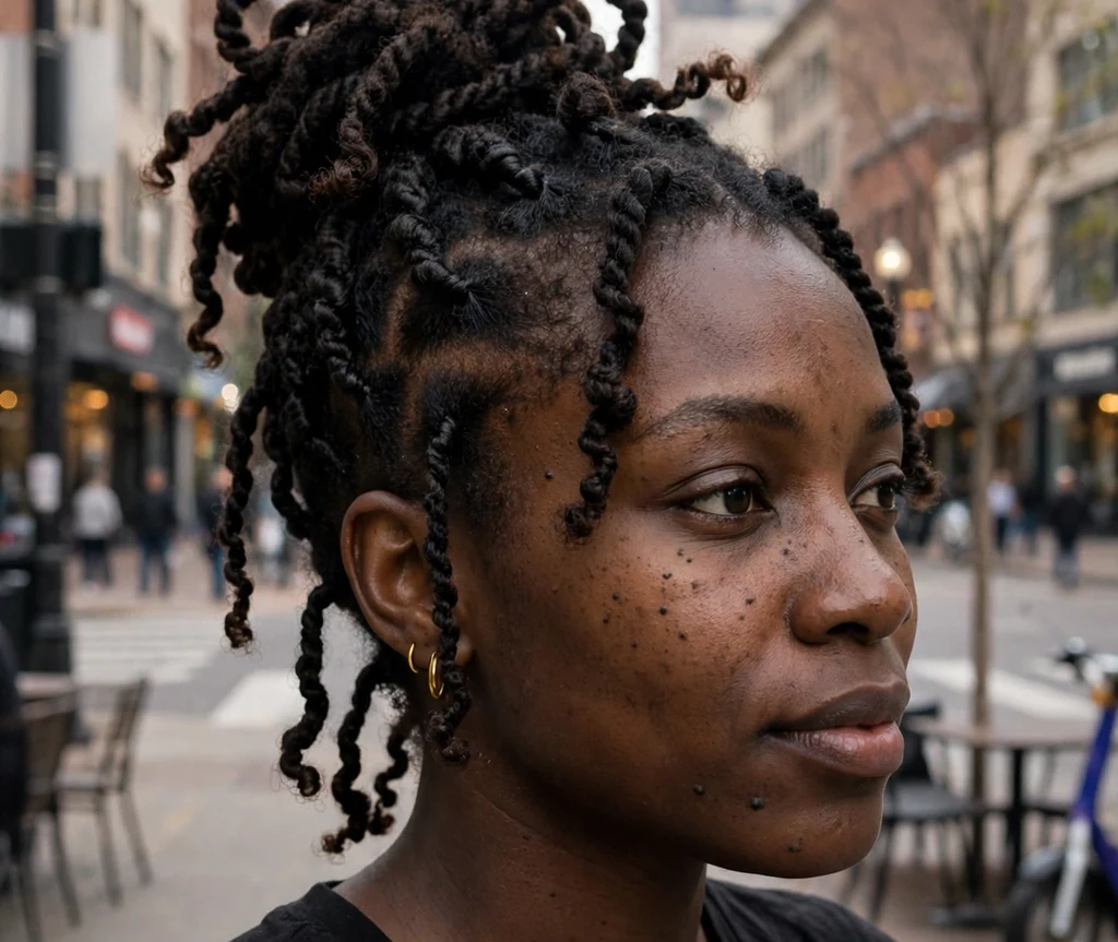 Black woman with a crochet twist updo on a downtown street