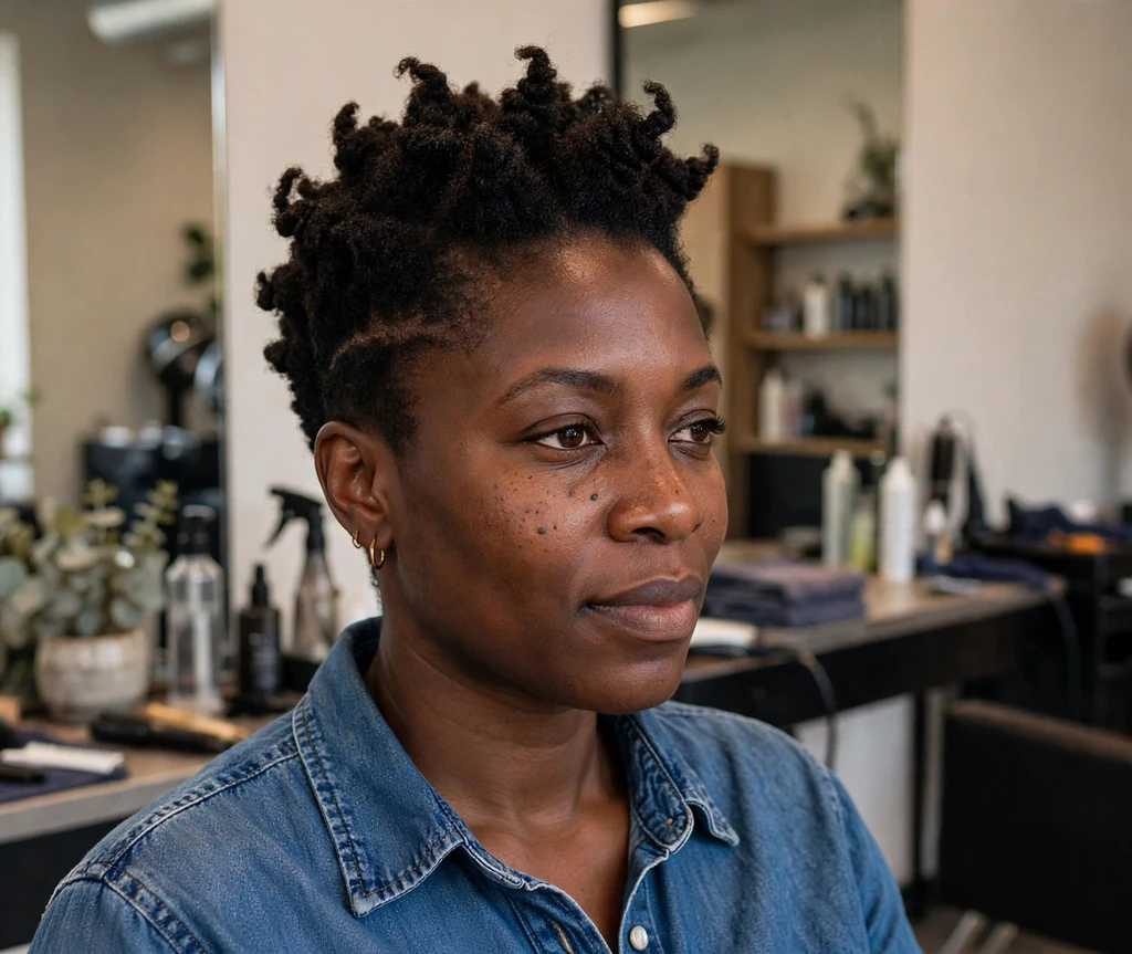 Black woman with a tapered fro updo in a salon