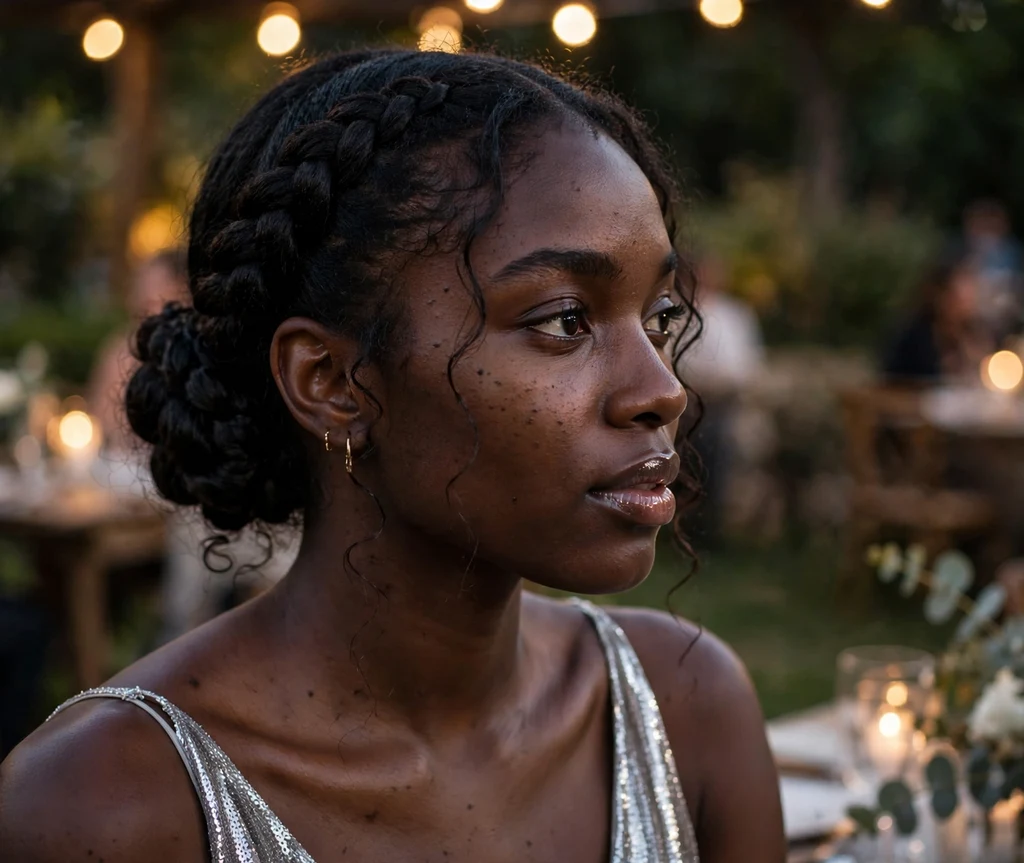 Black woman with a braided fishtail chignon at an evening event