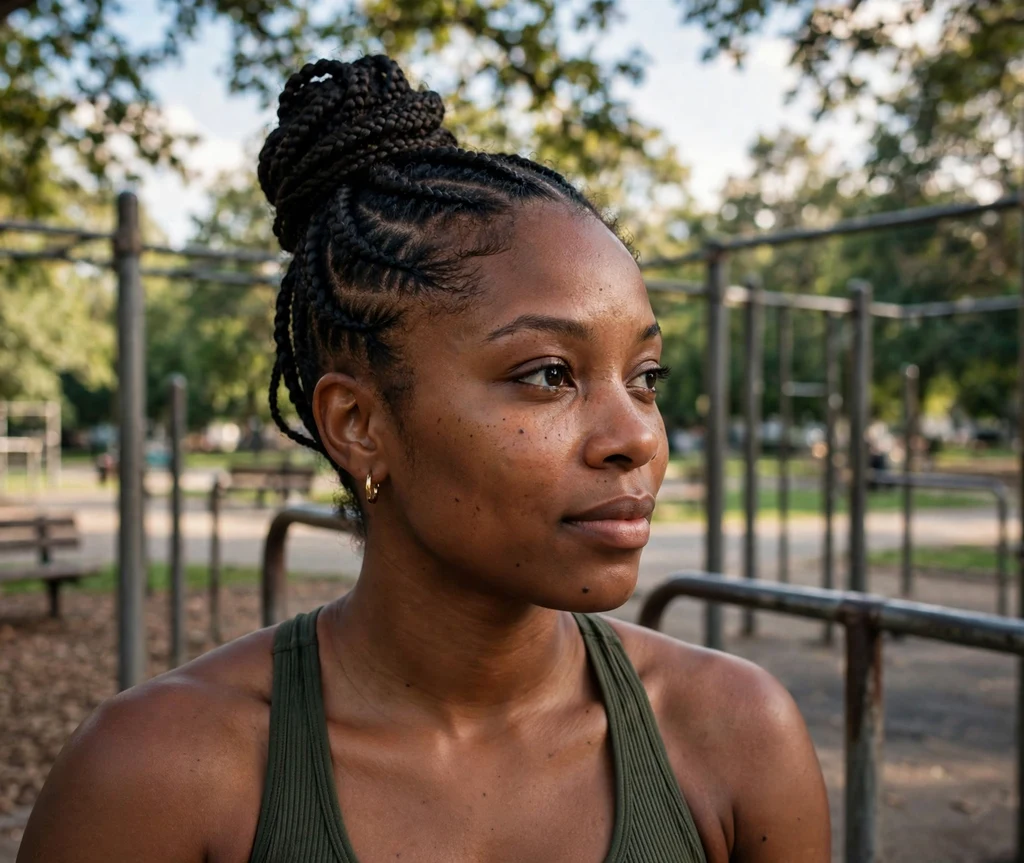 Black woman with a feed-in braid bun at a park workout area