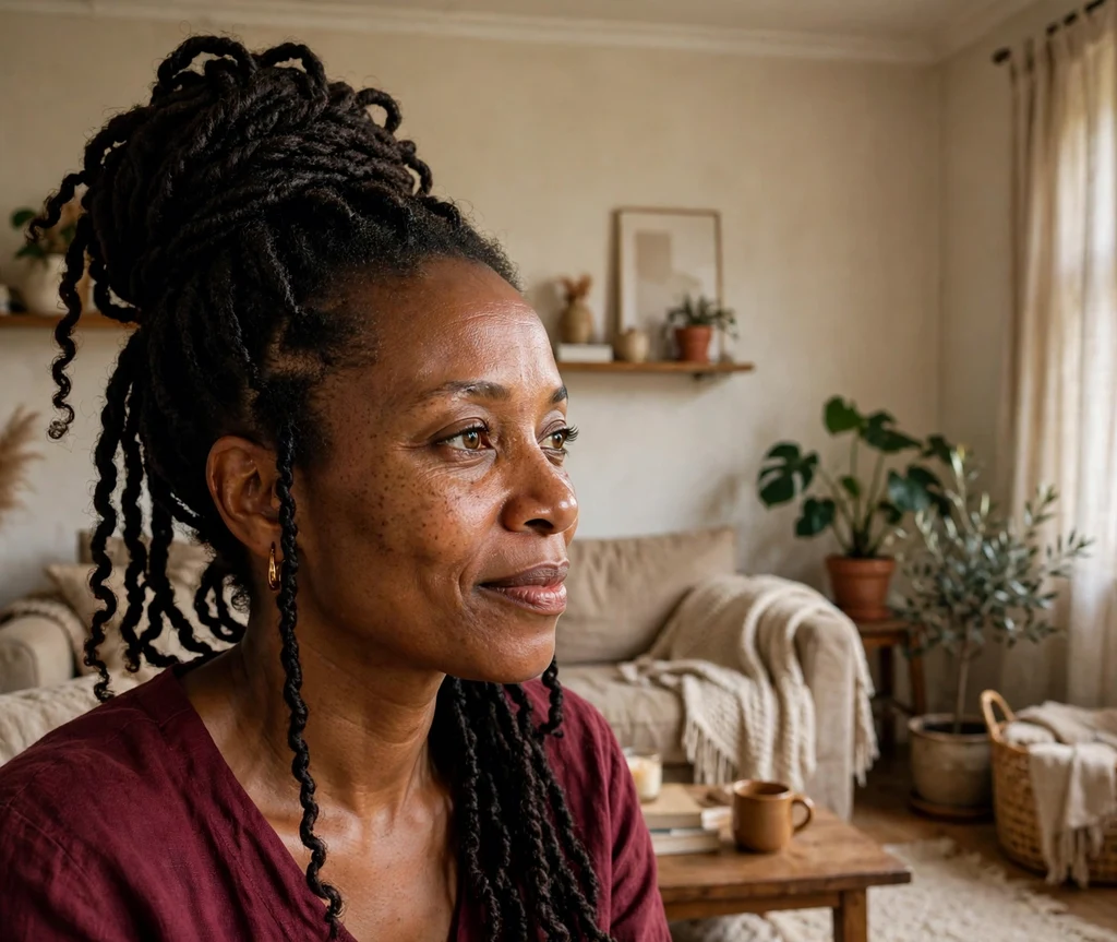 Black woman with a Senegalese twist updo in a cozy living room