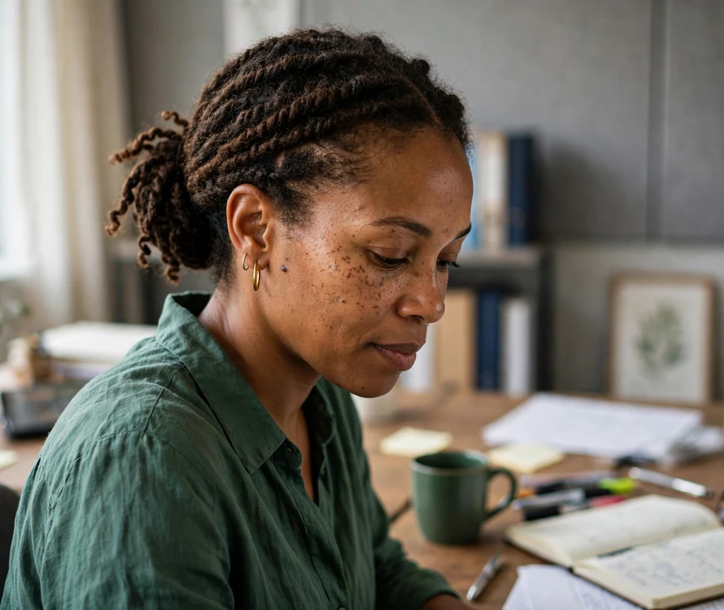 Black woman with a two-strand twist bun at an office desk