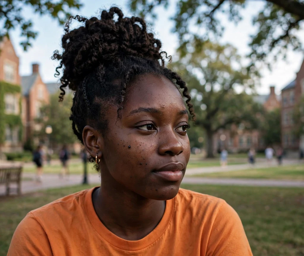 Black woman with a finger coil pineapple updo on a campus quad