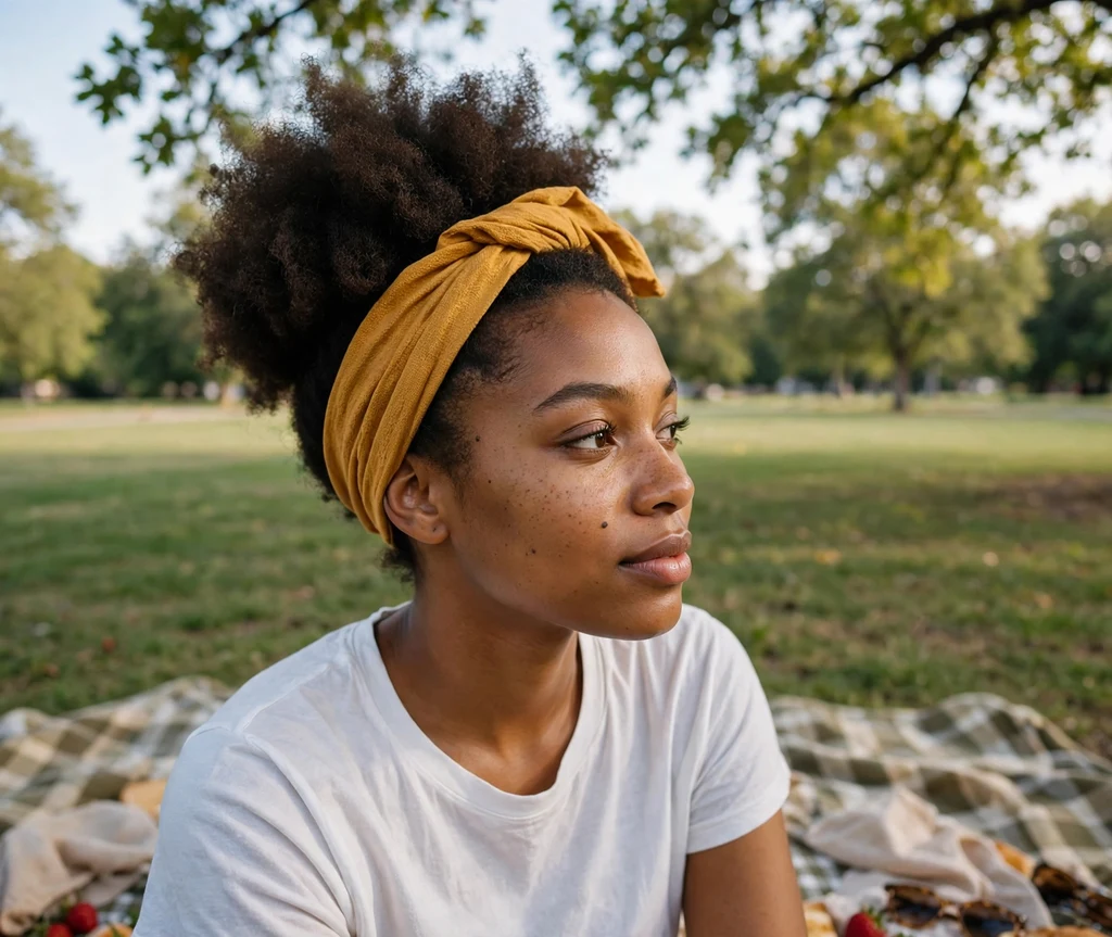 Black woman with an afro puff updo and headband on a picnic blanket