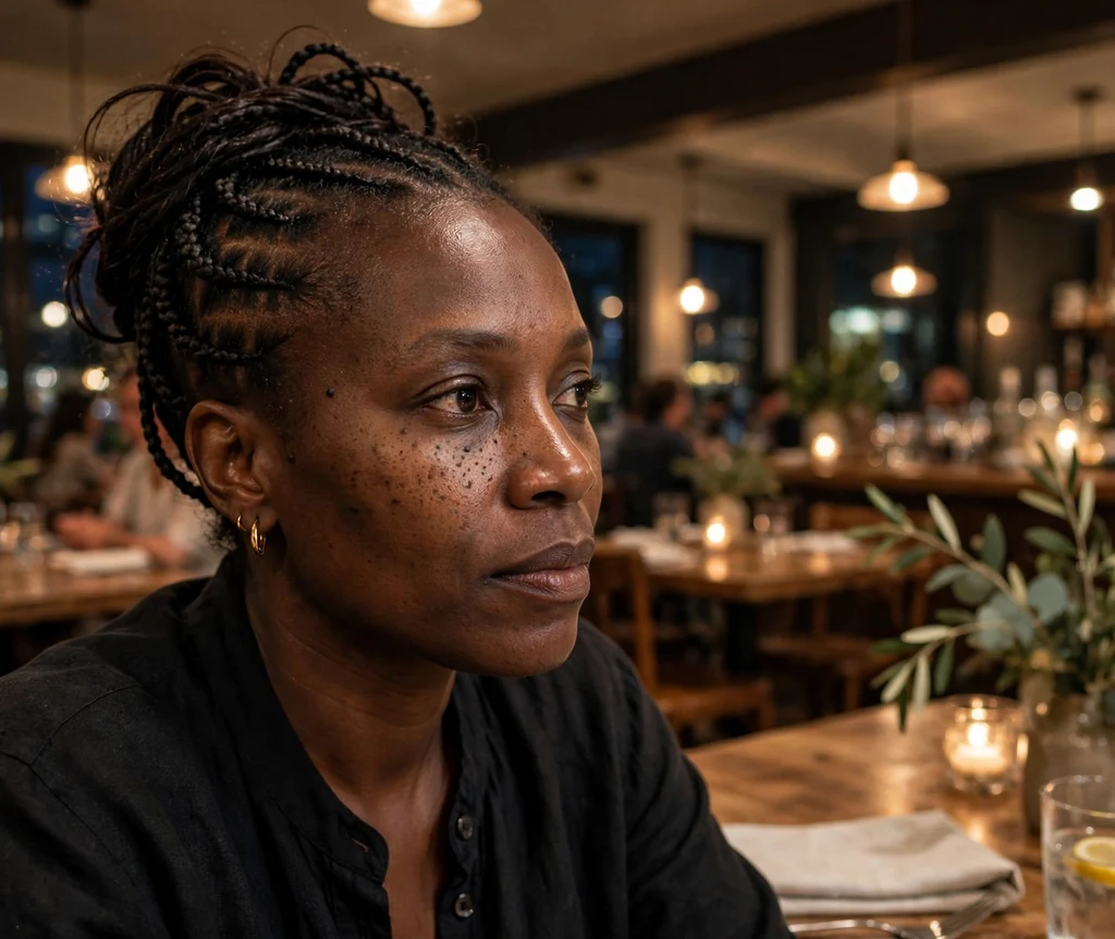 Black woman with a side cornrow updo at an evening restaurant