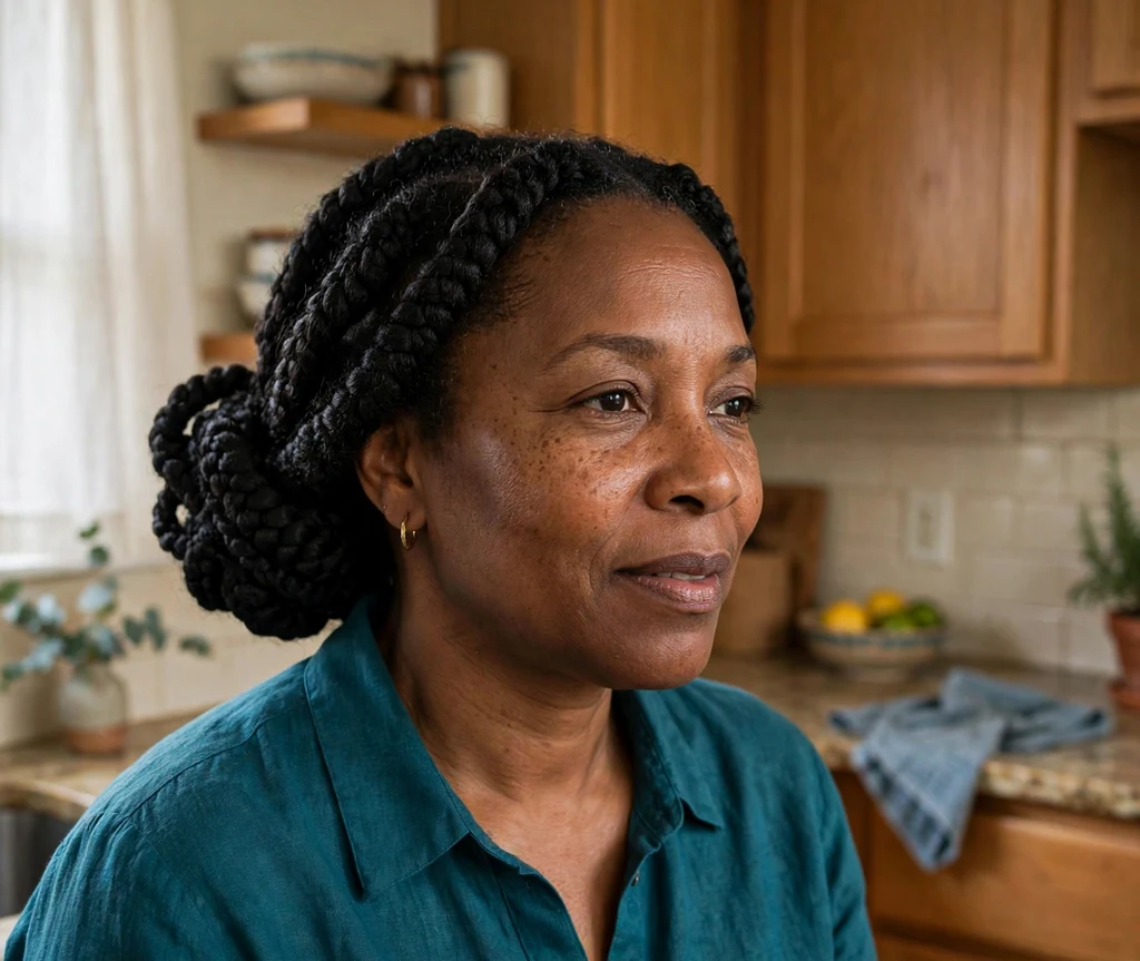 Black woman with a chunky braid chignon in a home kitchen