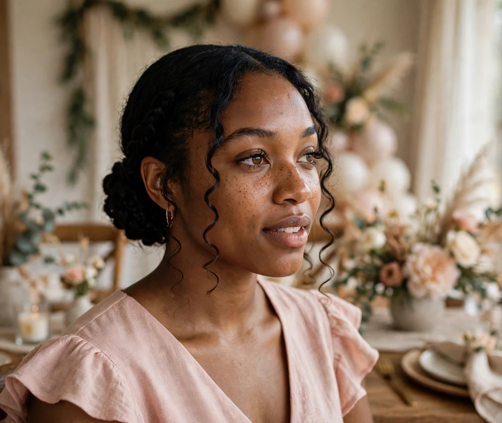 Black woman with a braided low bun with curls at a bridal shower