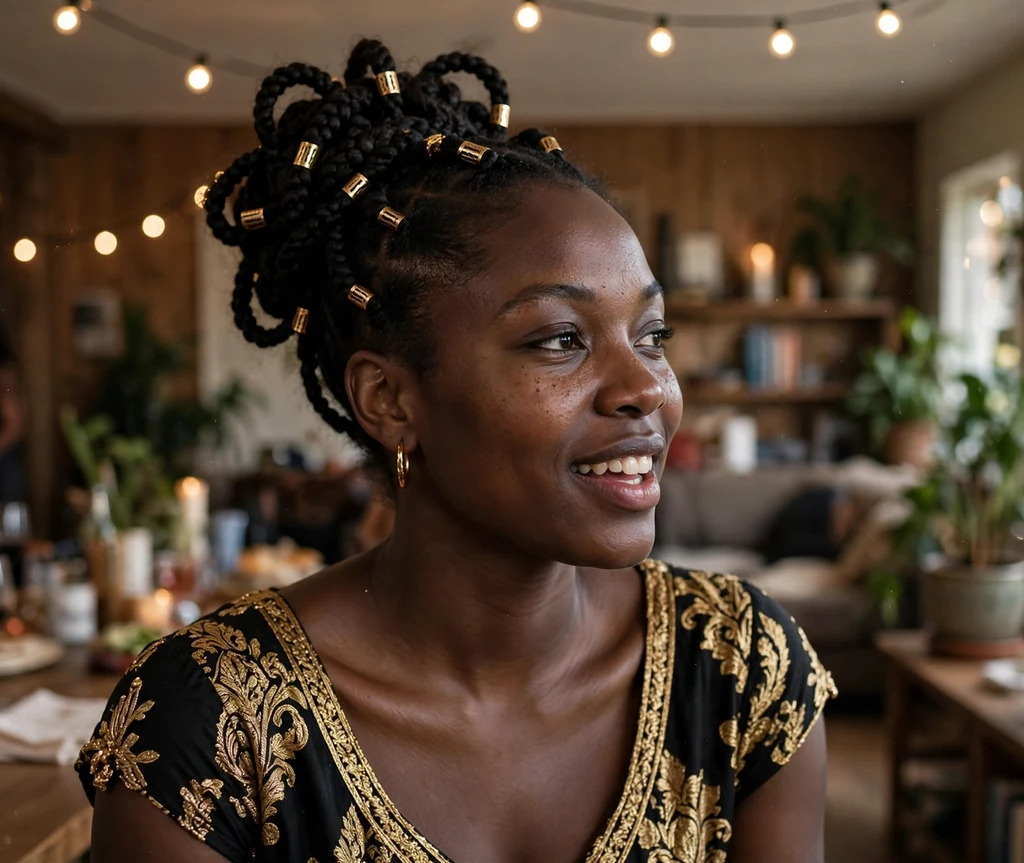 Black woman with a gold cuff braided updo at a house party