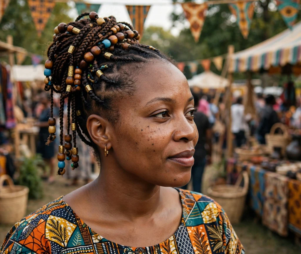 Black woman with a Fulani braid updo at a cultural festival