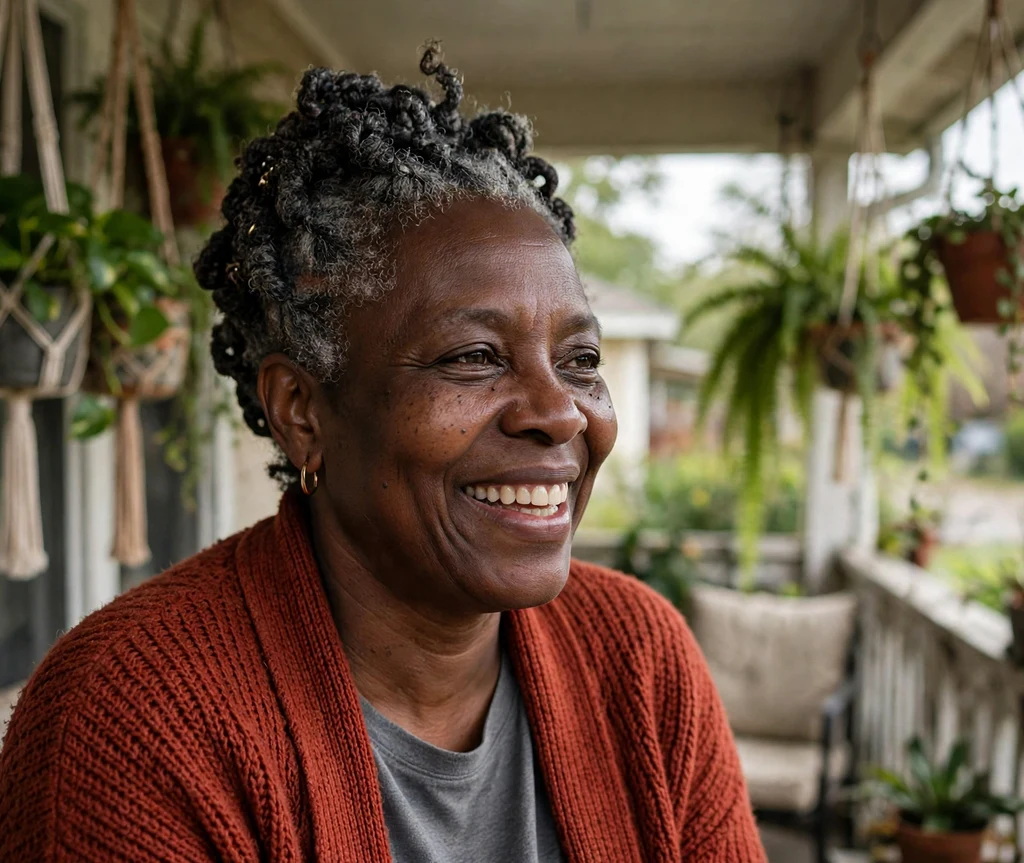 Black woman with a halo twist-out crown on a front porch