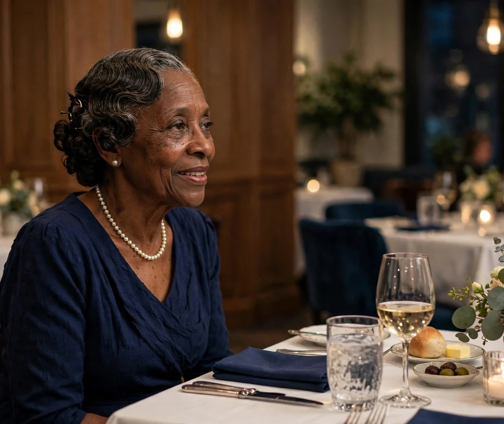Black woman with a sculpted finger wave updo at a formal dinner table