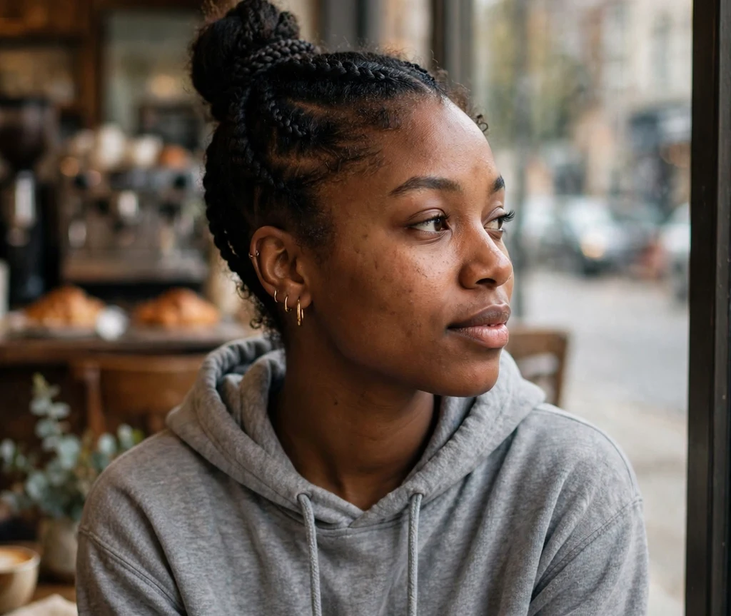 Black woman with a top knot with braided base at a coffee shop window