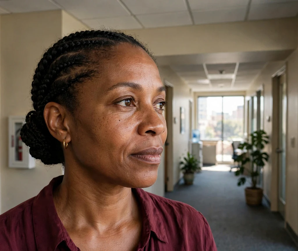 Black woman with a cornrow chignon in an office hallway