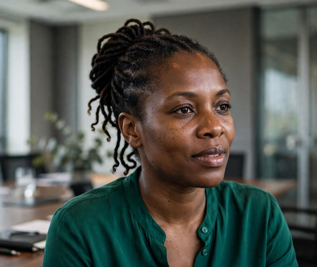 Black woman with a sisterlocks twisted updo in a conference room