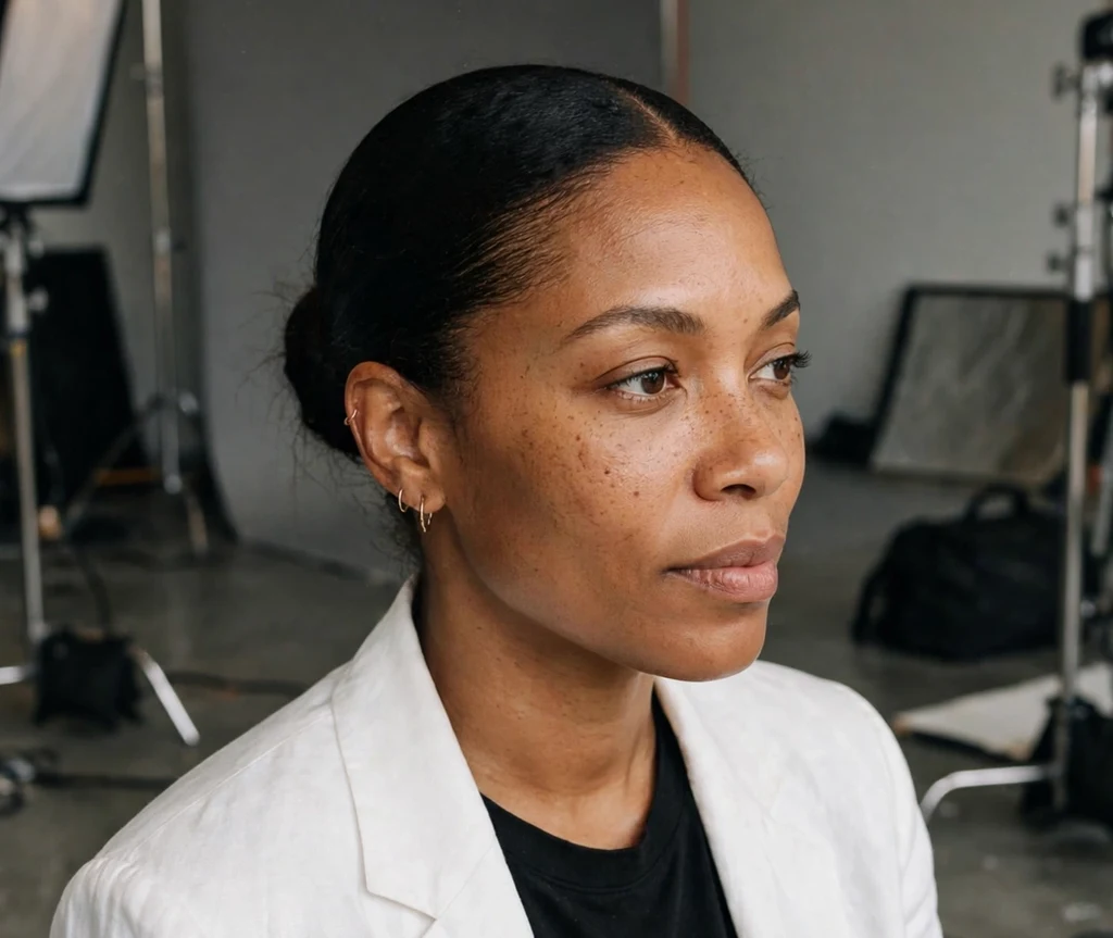 Black woman with a sleek middle-part bun in a photography studio