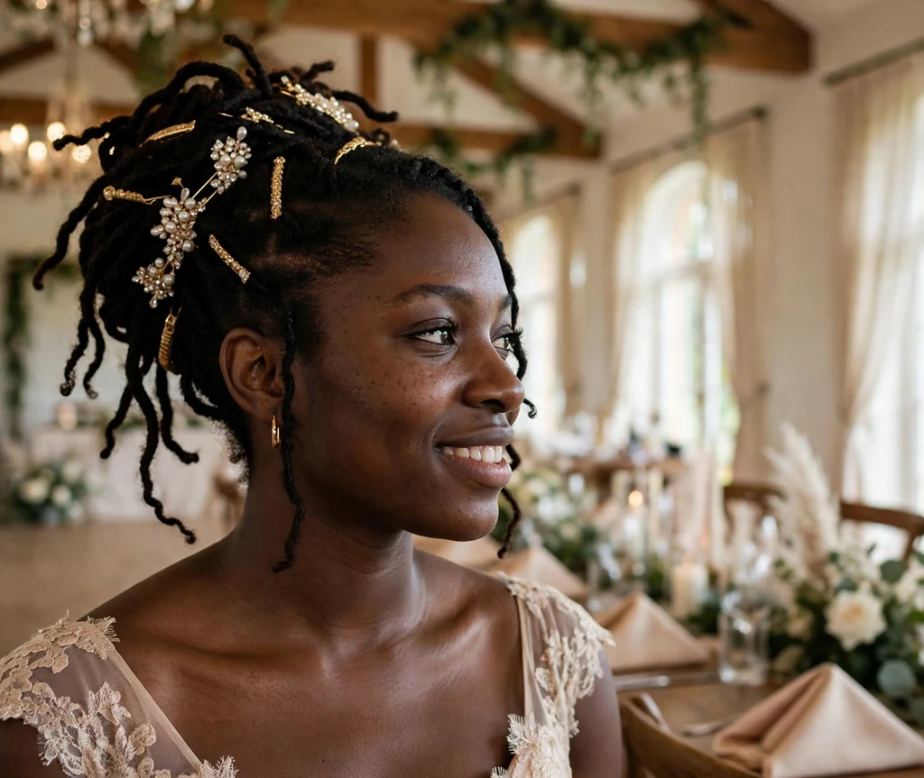 Black woman with a bridal loc updo in a wedding hall