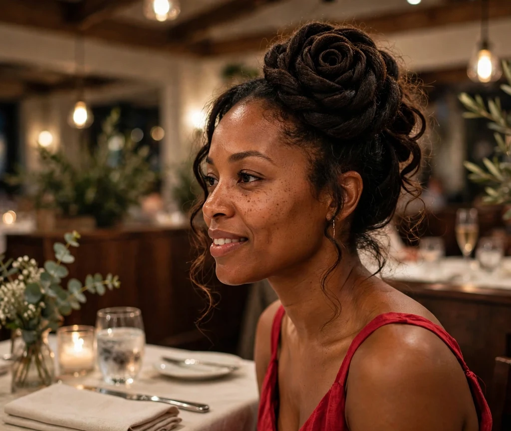 Black woman with a rose swirl bun at an anniversary dinner restaurant
