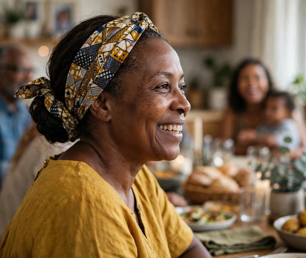 Black woman with a headwrap accent updo at a family gathering