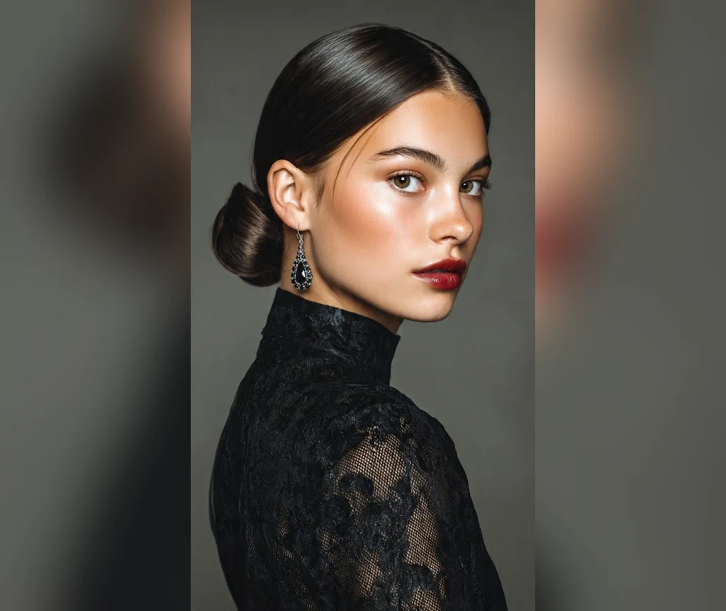 Dark low bun in a moody shadowed style