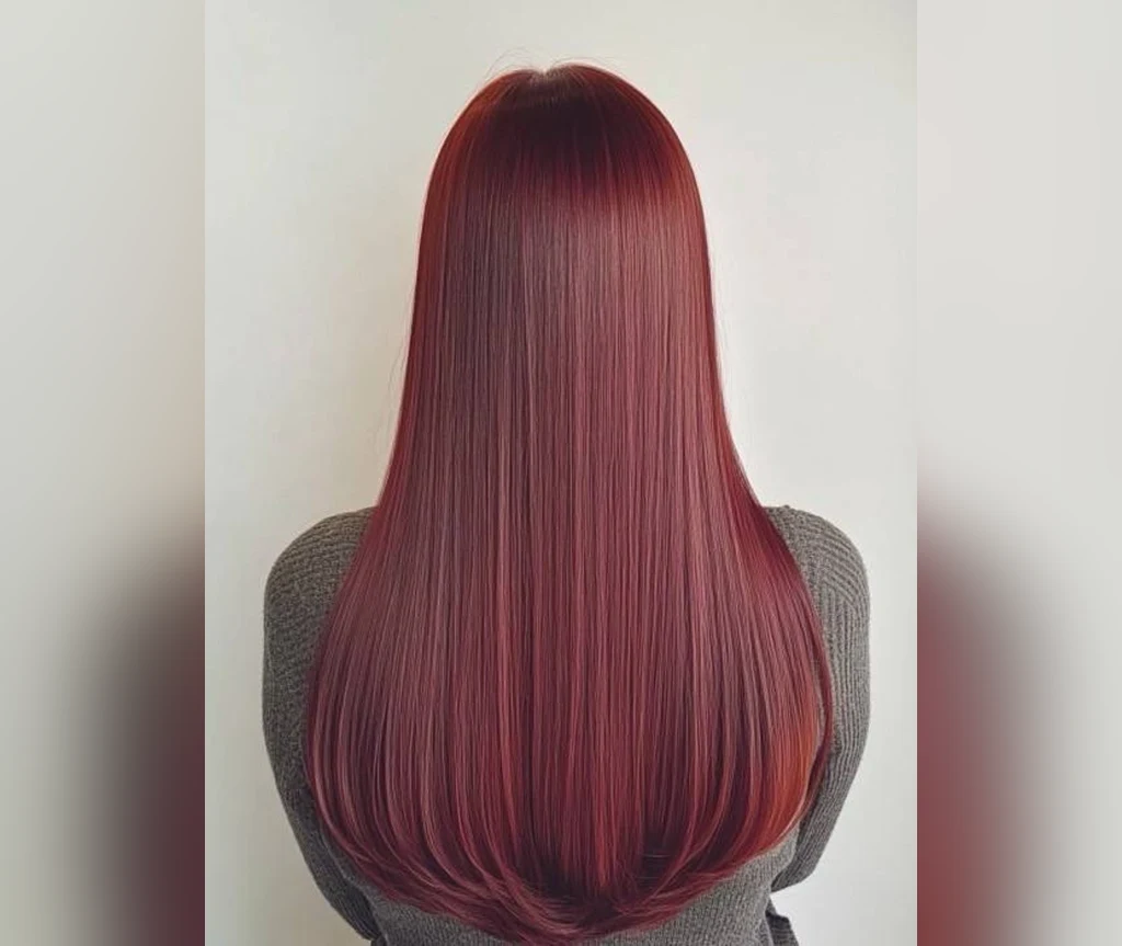 Sleek burgundy silk hair in profile